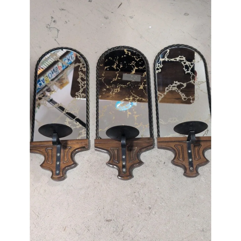 Vtg 3 Homco Mcm Gothic Spanish Smoked Mirrored Candle Wall Sconce Wood Metal